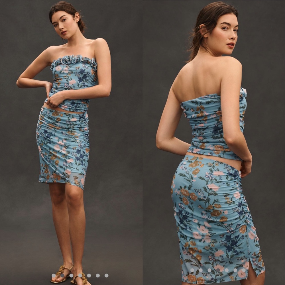 2 pieces By Anthropologie 3D Floral Tube Top+skirt